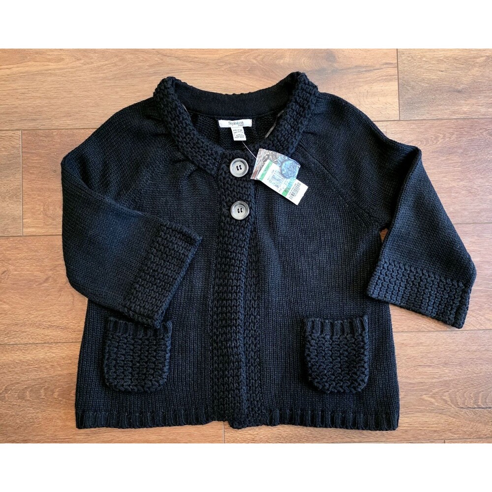 Style & Co Cardigan Sweater PETITE L Black Knit 2 Button 3/4 Sleeve Pockets NEW